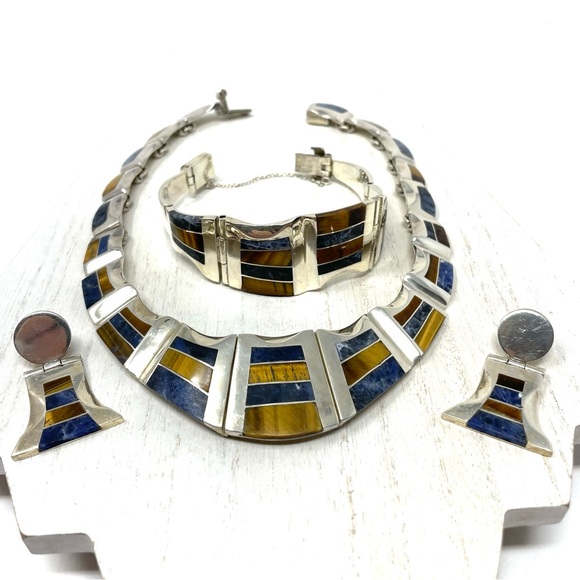 TAXCO three piece sterling silver set with inlaid gemstones, NWOT